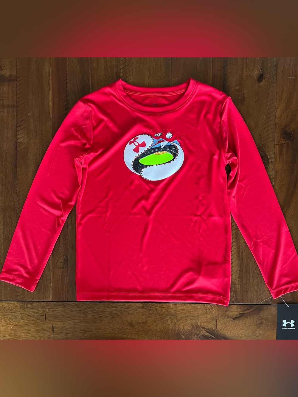 NWT Under Armour Kids Red Long-Sleeve Baseball Graphic Performance Tee